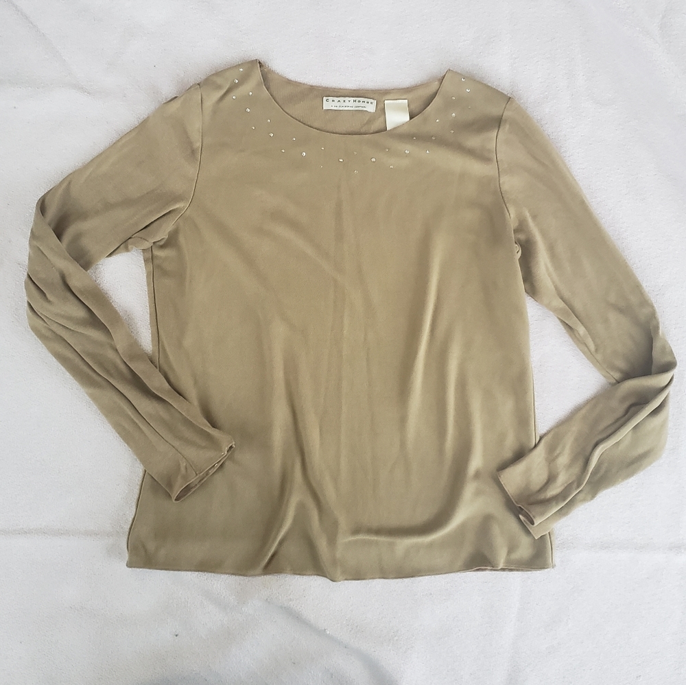 Tan suede front long sleeve top w crystal details